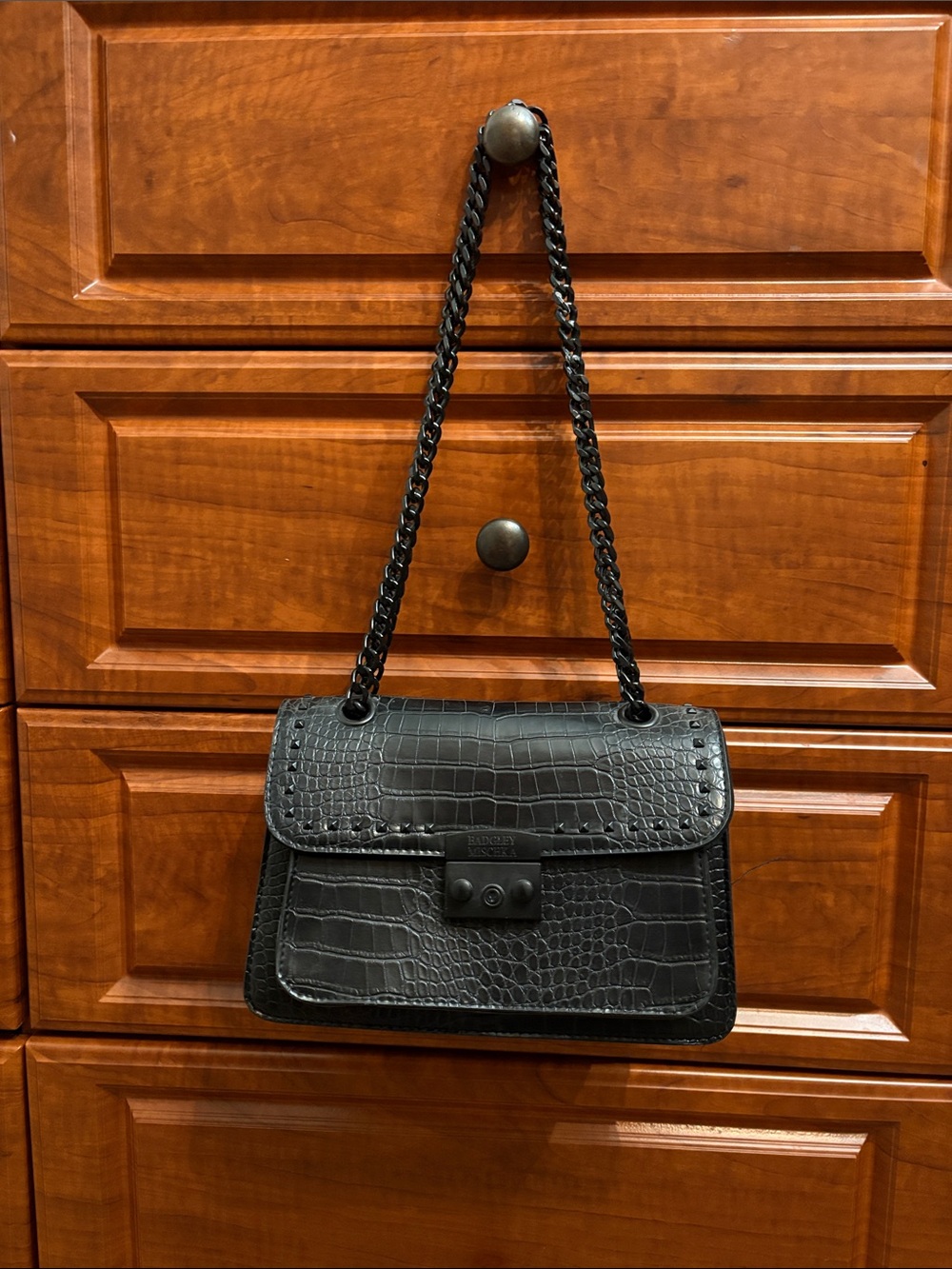 Black Croc-Embossed Shoulder Bag with Chain Strap